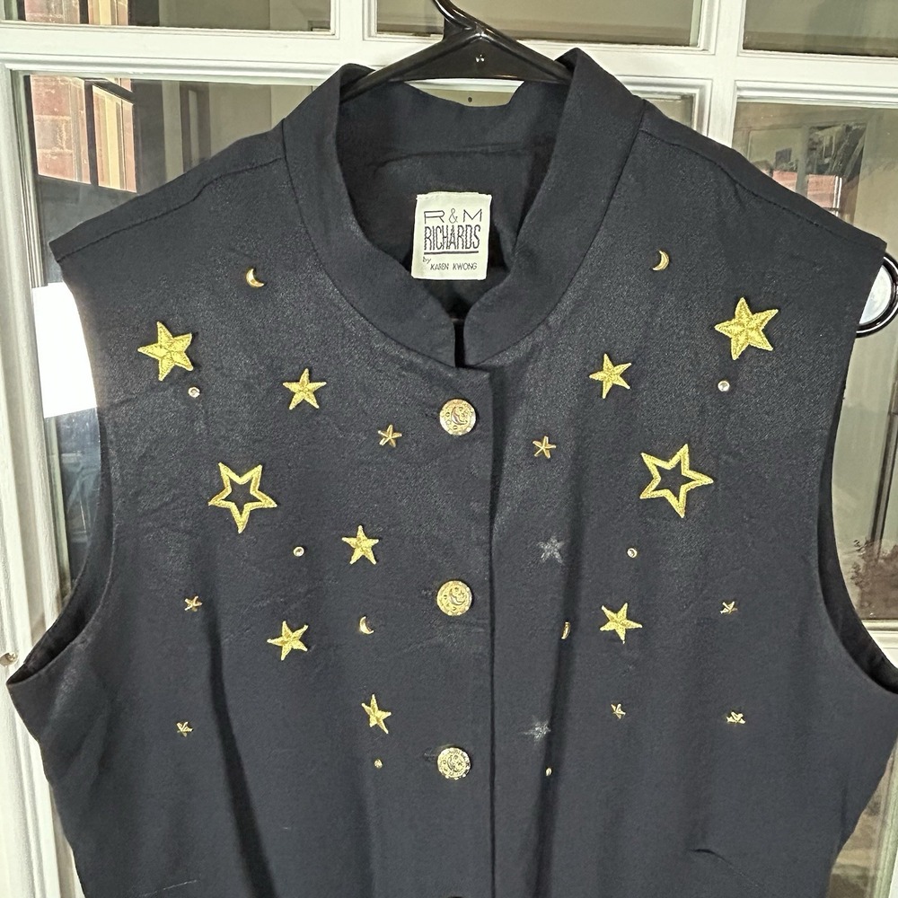 Vintage 90s R&M Richard's Karen Kwong Navy Celestial Embroidered Vest Size 16 - Picture 9 of 16